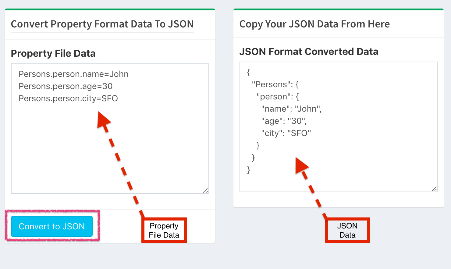 Property to JSON format converter tool